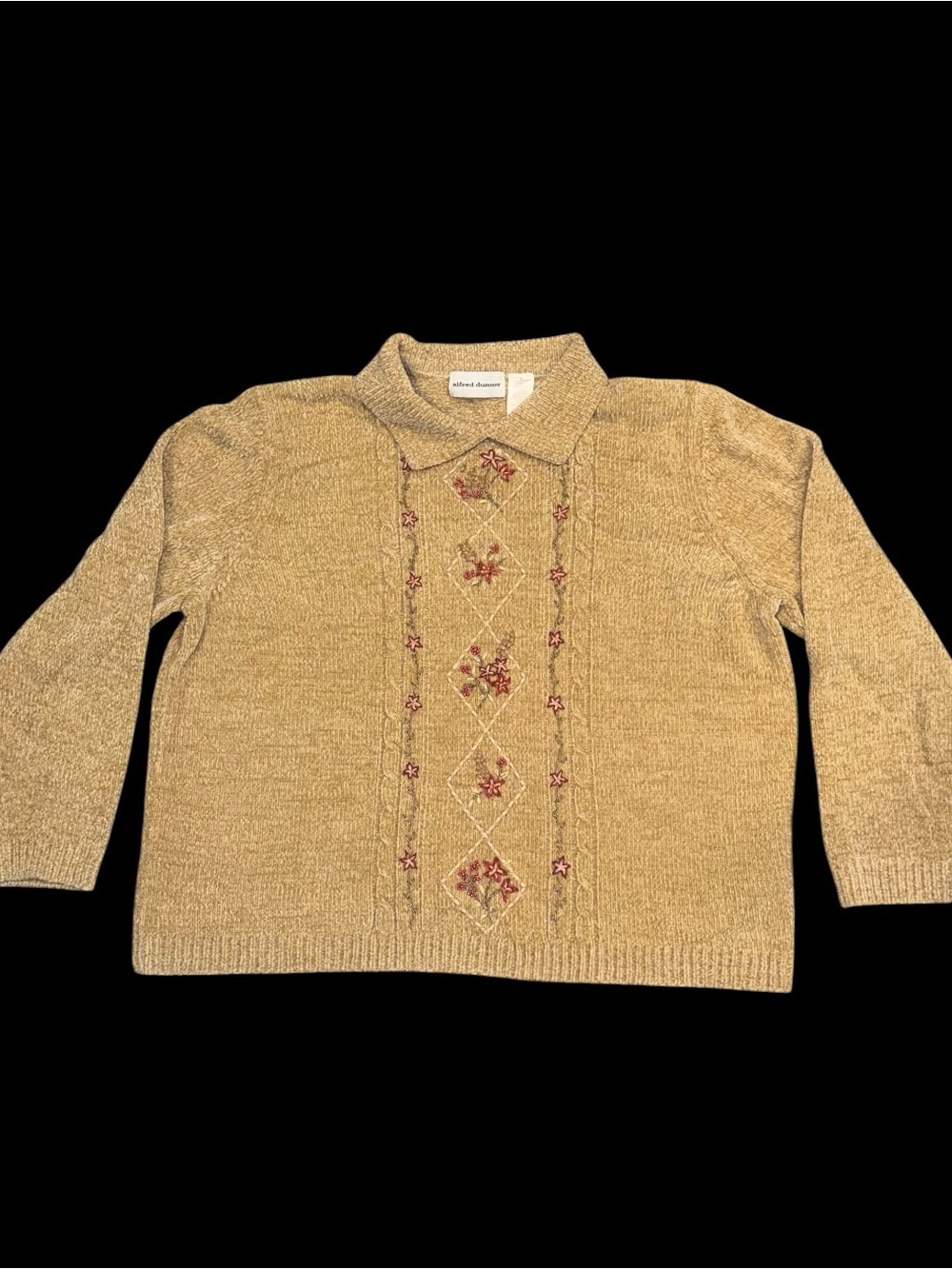 Vintage Alfred Dunner Tan collared Sweater with Floral Embroidery